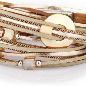 Leather Wrap Bracelets for Women, Boho Leopard Multi-Layer Crystal Beads Cuff Br